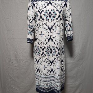 Studio One Women's Navy White Printed Sheath Dress 3/4 Sleeve V Back Size Medium